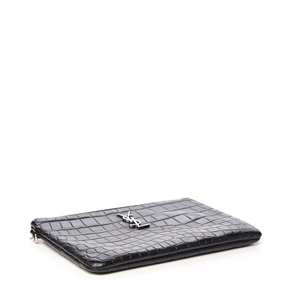 Saint Laurent Calfskin Crocodile Embossed Monogram Zip Pouch Black 3 of 9