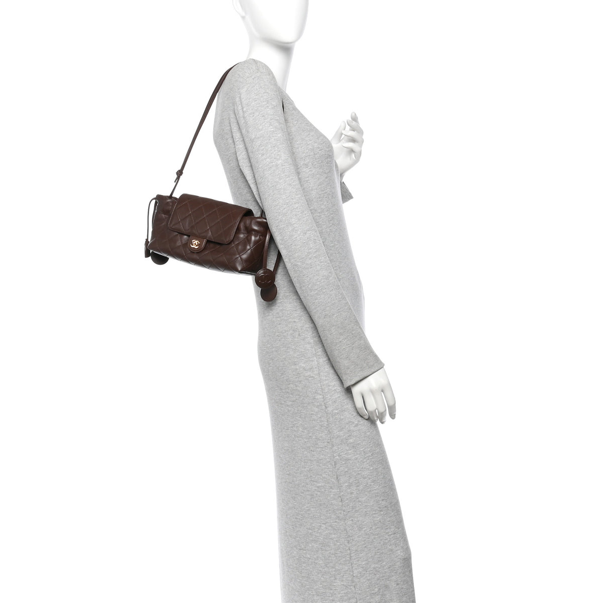 Lambskin Quilted CC Drawstring Flap Clutch With Strap Brown