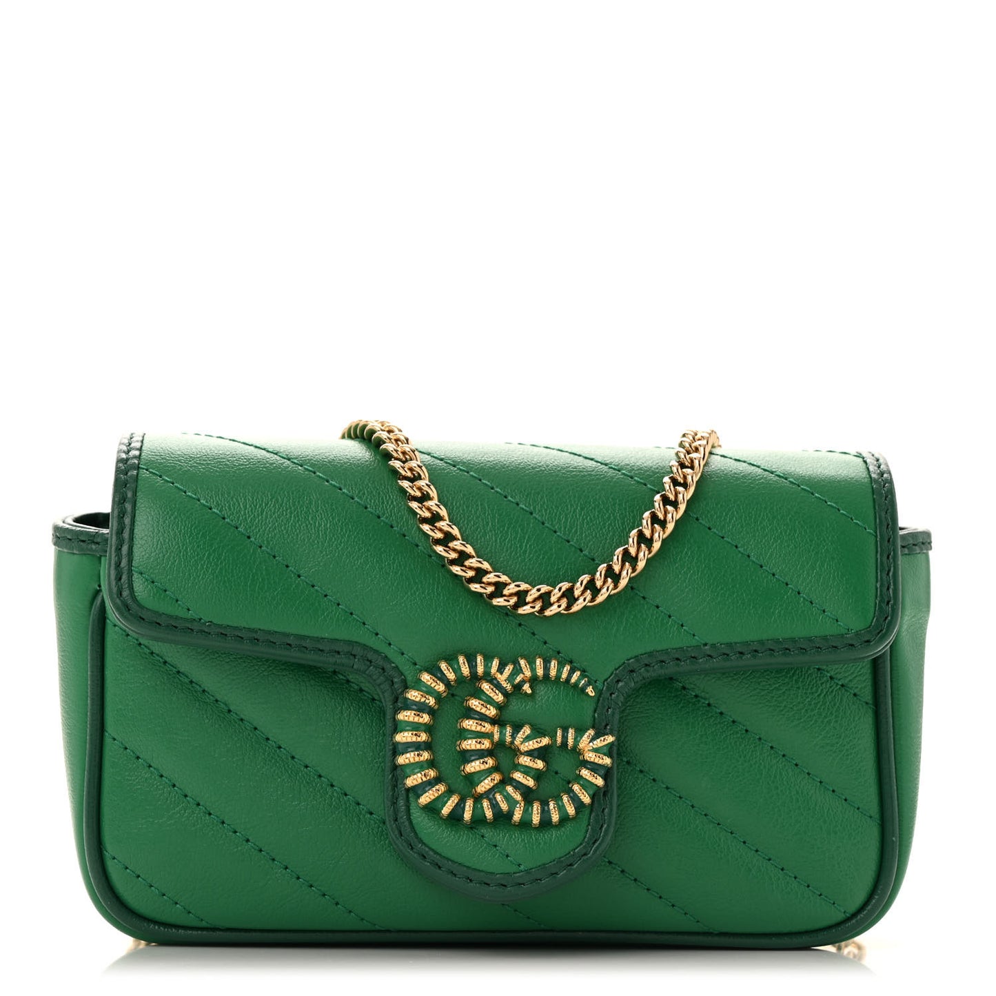 Azalea Calfskin Enamel Matelasse Diagonal Super Mini Torchon GG Marmont Shoulder Bag New Shamarock Emerald
