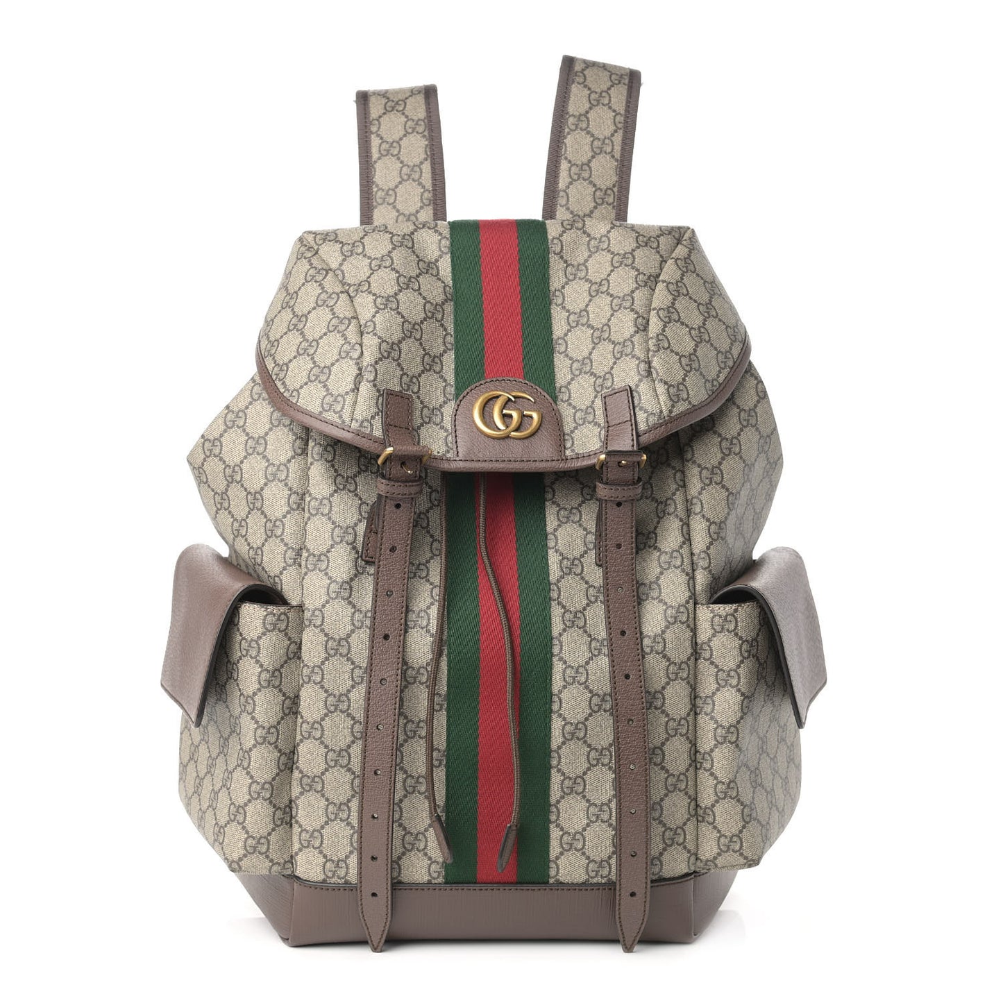 GG Supreme Monogram Medium Ophidia Double Buckle Backpack Brown