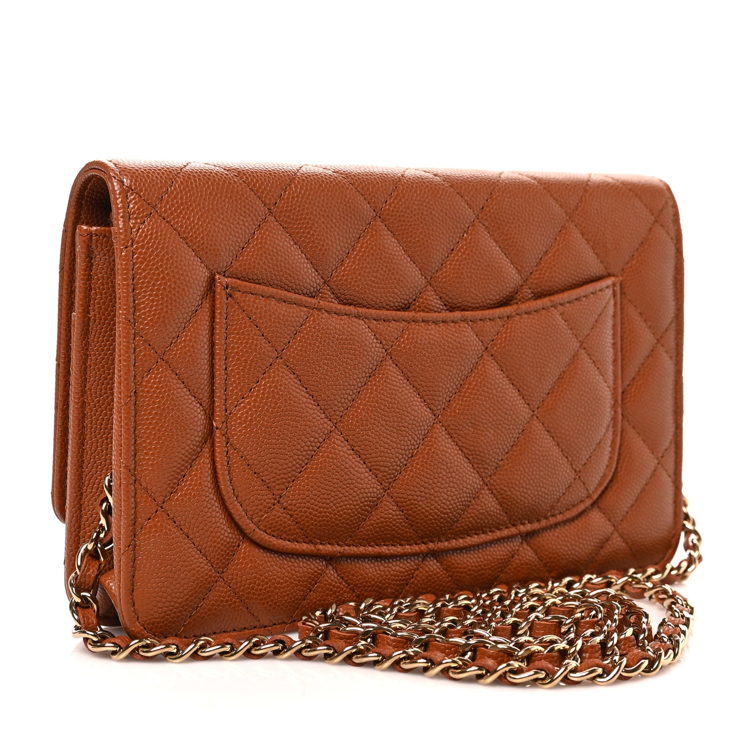 Shiny Caviar Quilted Strass Wallet On Chain WOC Light Brown