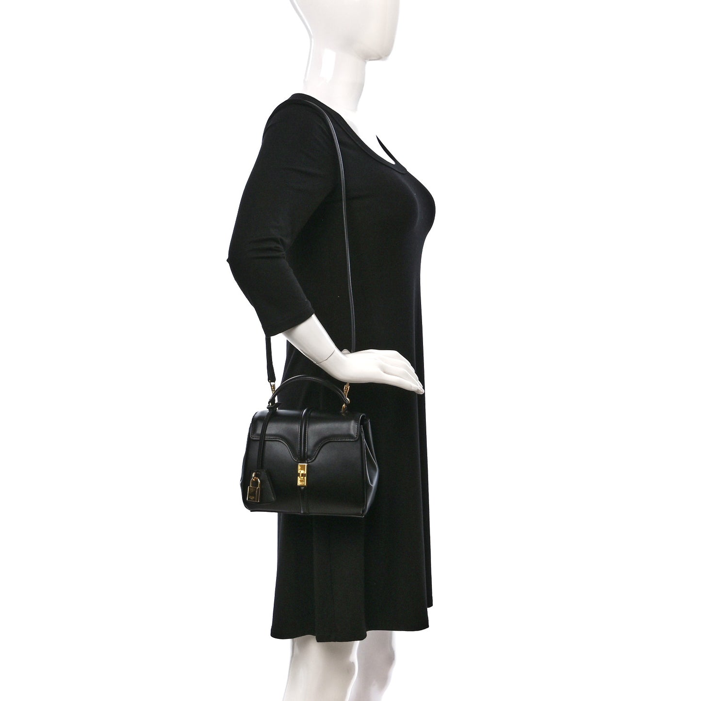 Satinated Calfskin Mini 16 Top Handle Bag Black