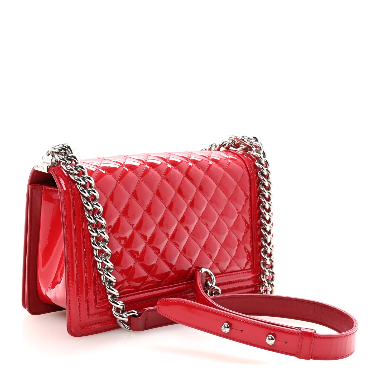 Patent Calfskin Quilted Medium Plexiglass Boy Flap Red
