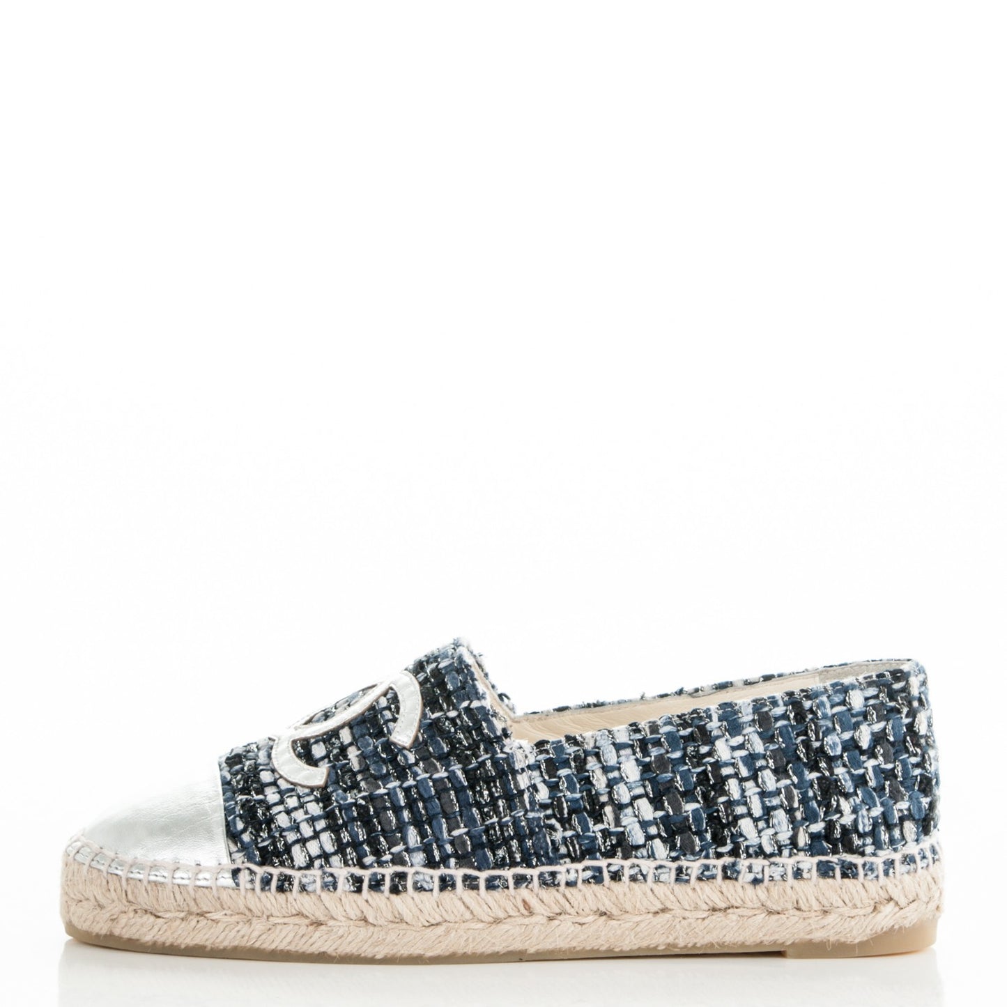 Metallic Tweed Patent CC Espadrilles 37 Blue Black Silver