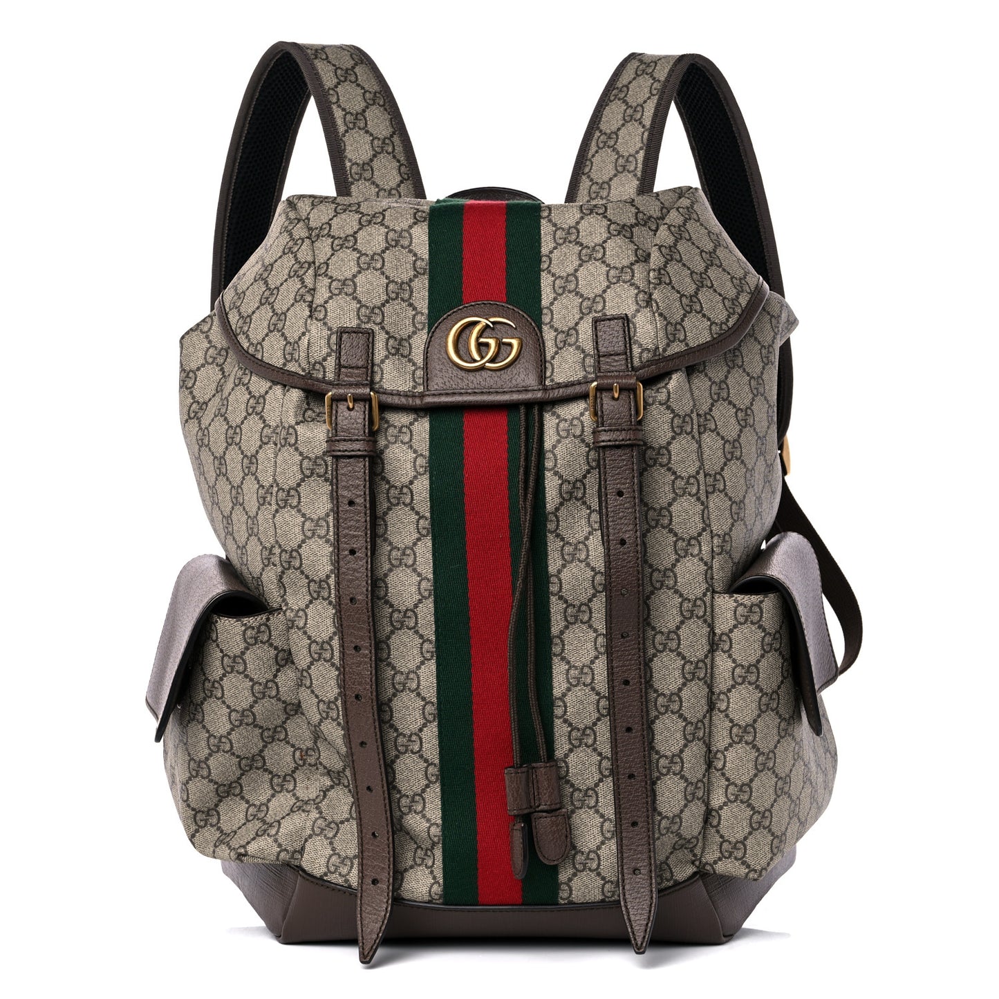 GG Supreme Monogram Medium Ophidia Double Buckle Backpack Brown
