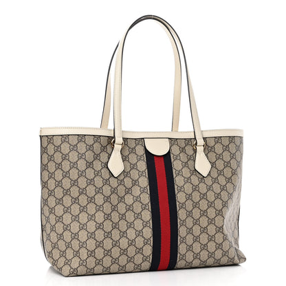 Gucci GG Supreme Monogram Textured Dollar Calfskin Web Medium Ophidia Shopping Tote Beige Ebony Mystic White 3 of 10