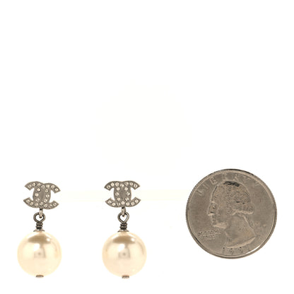 Chanel Crystal Pearl CC Drop Earrings Silver Pearly White 2 of 5