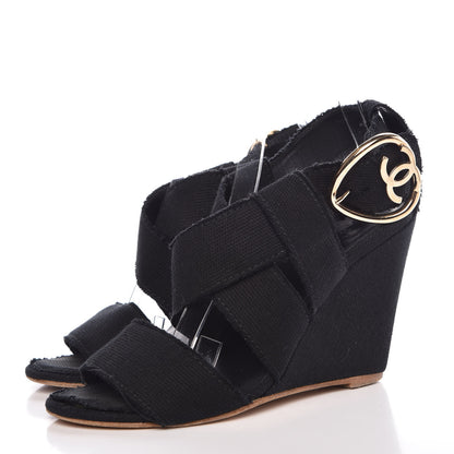 Chanel Canvas Heart CC Wedge Sandals 36.5 Black 3 of 18