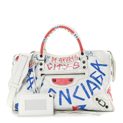 Balenciaga Agneau Graffiti All Over Classic Hardware City White Bleu Rouge 1 of 9