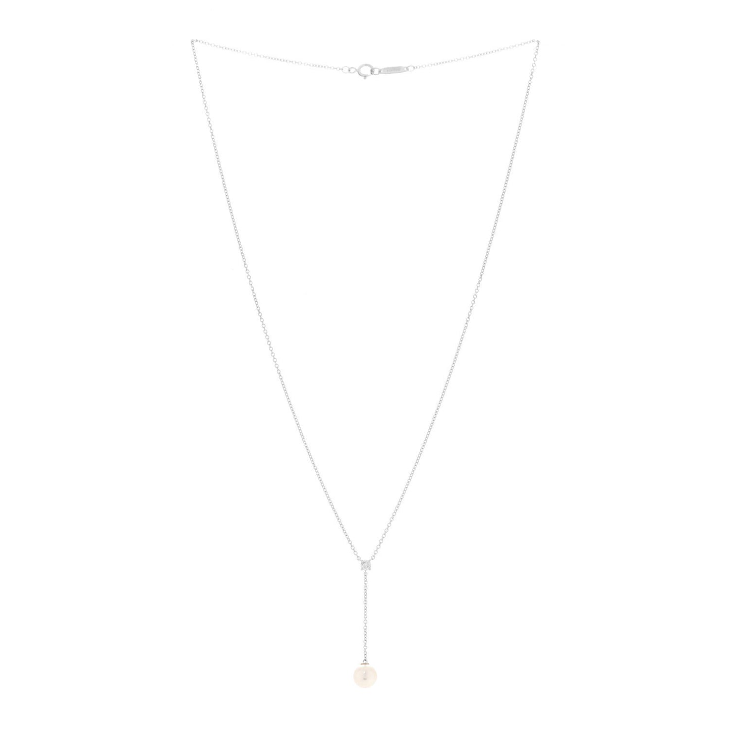18K White Gold Diamond Akoya Pearl 6.5-7mm Lariat Pendant Necklace