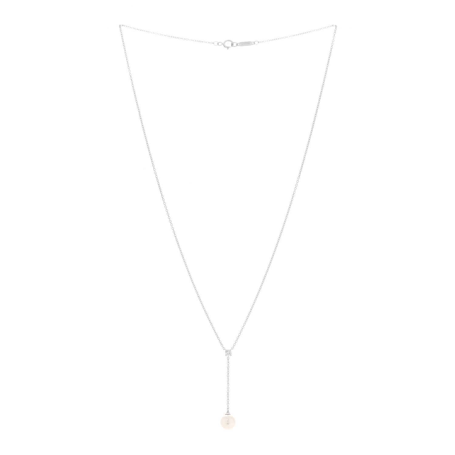 Tiffany 18K White Gold Diamond Akoya Pearl 6.5-7mm Lariat Pendant Necklace 3 of 6