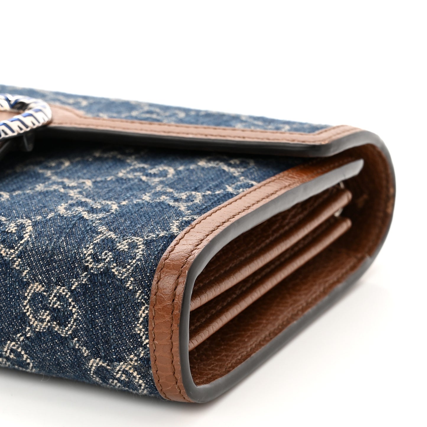 New Denim GG Monogram Dollar Calfskin Enamel Mini Dionysus Chain Wallet Blue Tea Cuir Epilog Electric Blue