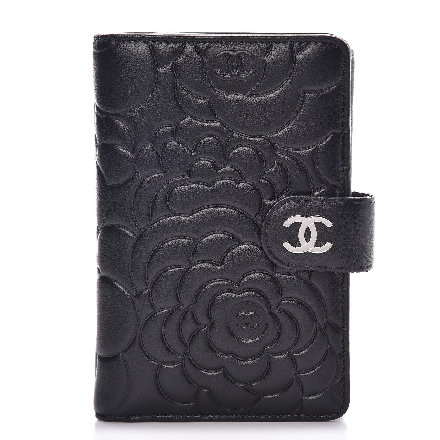 Lambskin Camellia Embossed Zipped Pocket Wallet Black