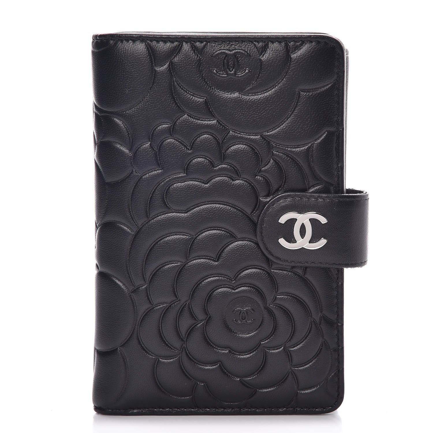 Chanel Lambskin Camellia Embossed Zipped Pocket Wallet Black 1 of 9