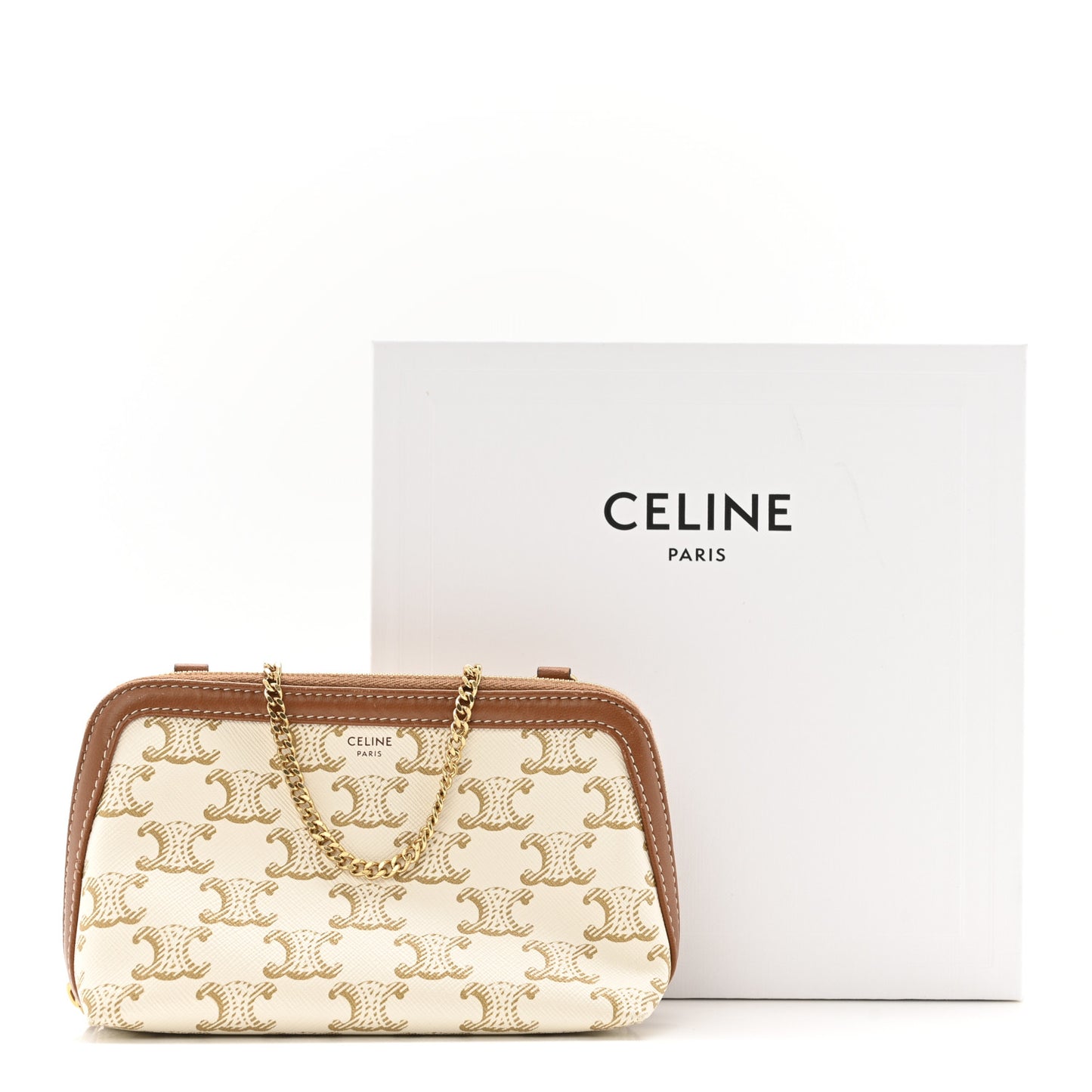 Lambskin Triomphe Canvas Clutch With Chain White Tan