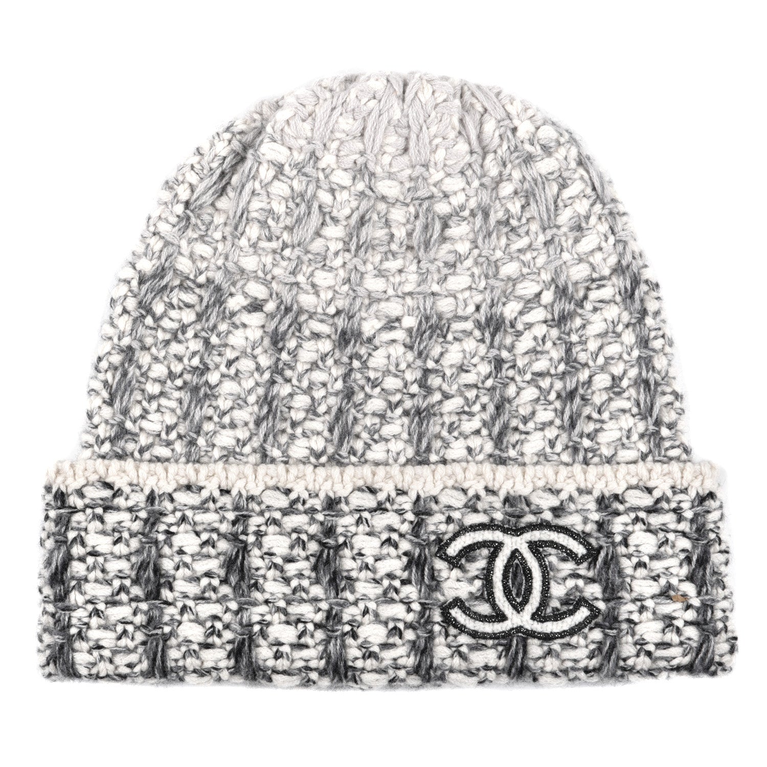 Chanel Cashmere Logo Beanie Hat Light Beige Black Grey 1 of 4