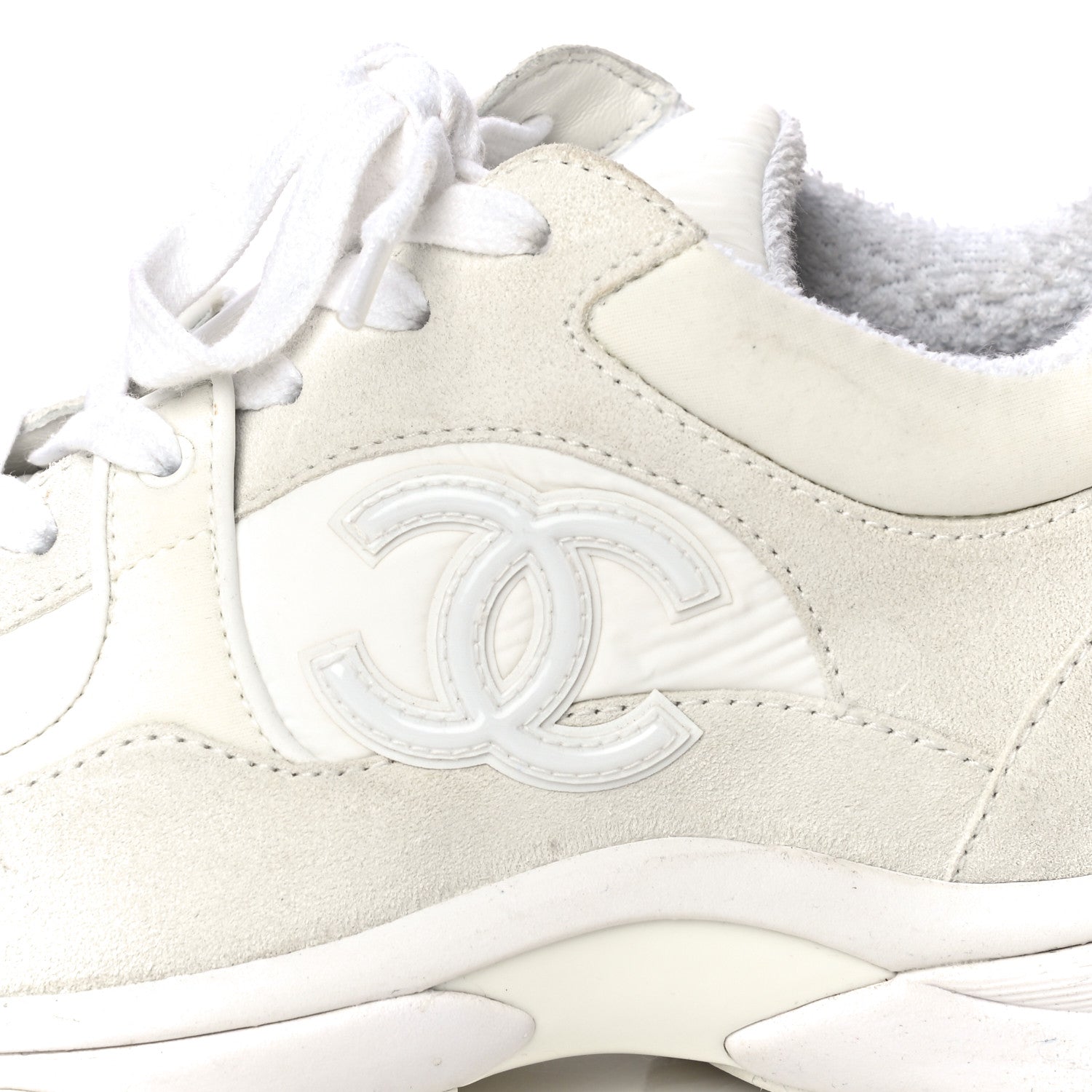 Chanel Suede Calfskin Fabric CC Sneakers 39.5 White 11 of 32
