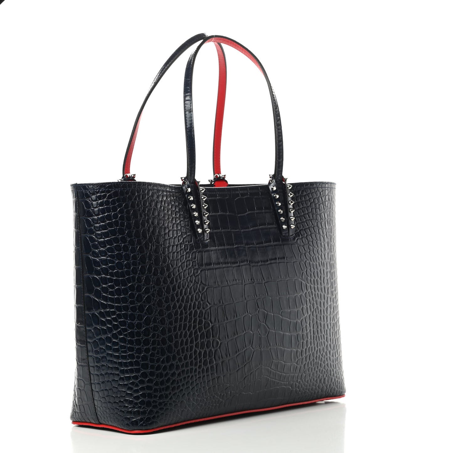 Calfskin Crocodile Embossed Spikes East West Cabata Tote Navy