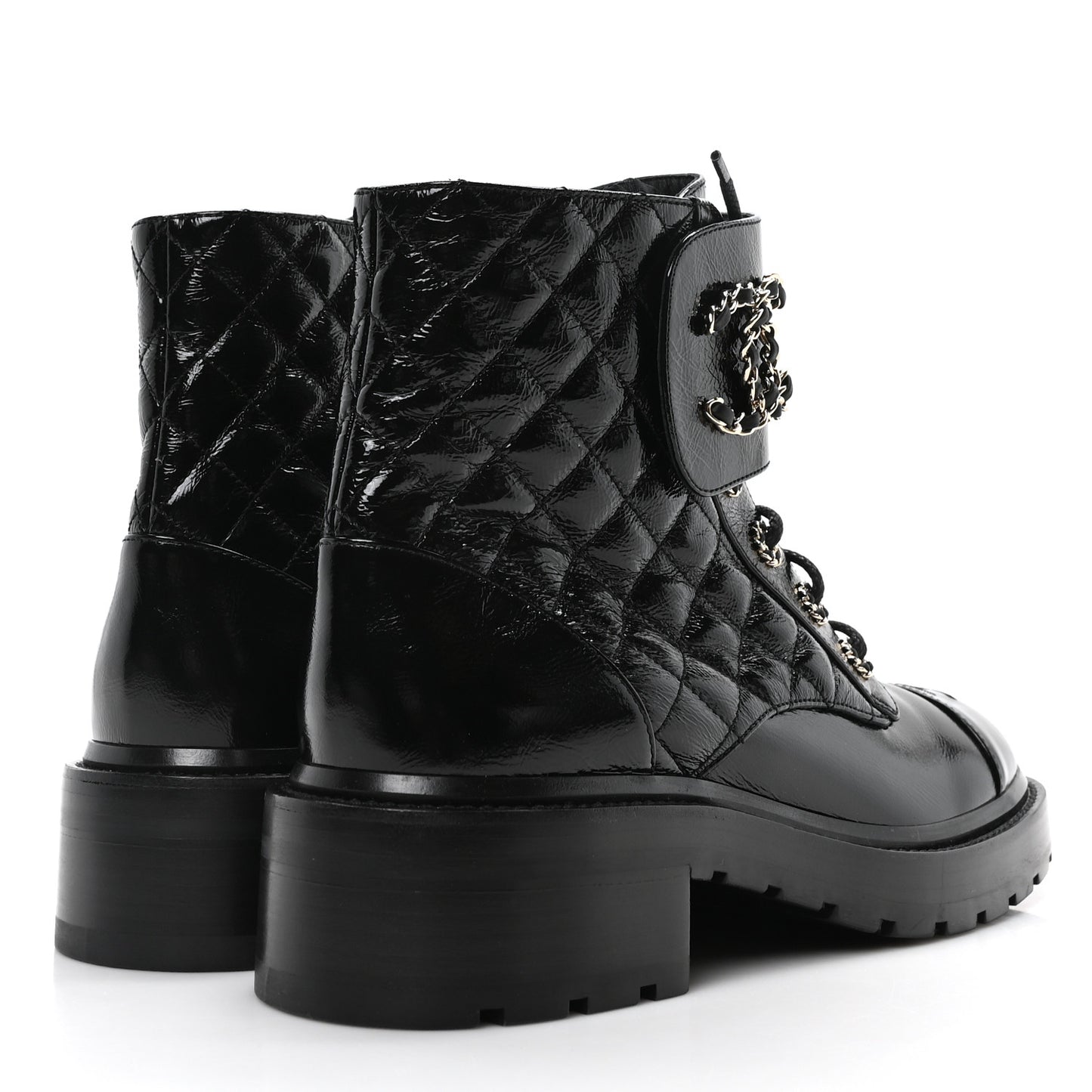 Shiny Calfskin Quilted Lace Up Combat Boots 40.5 Black