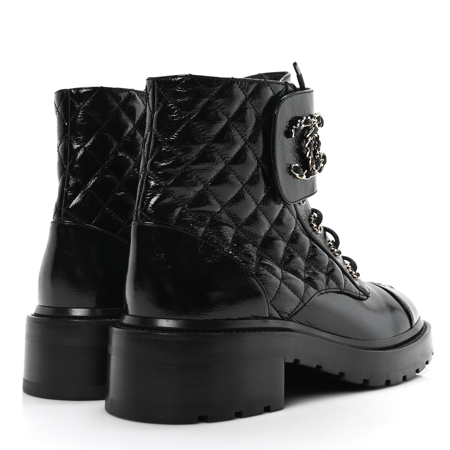 Chanel Shiny Calfskin Quilted Lace Up Combat Boots 40.5 Black 5 of 8