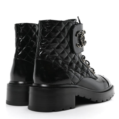 Chanel Shiny Calfskin Quilted Lace Up Combat Boots 40.5 Black 5 of 8
