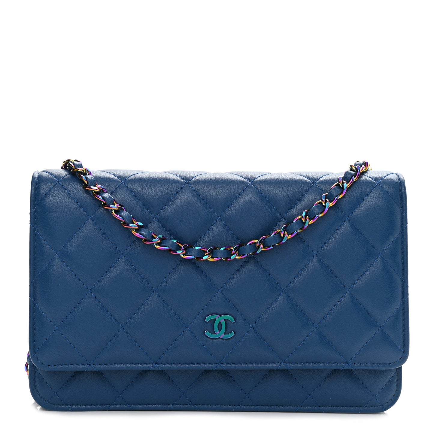 Lambskin Quilted Wallet On Chain WOC Dark Blue Pink