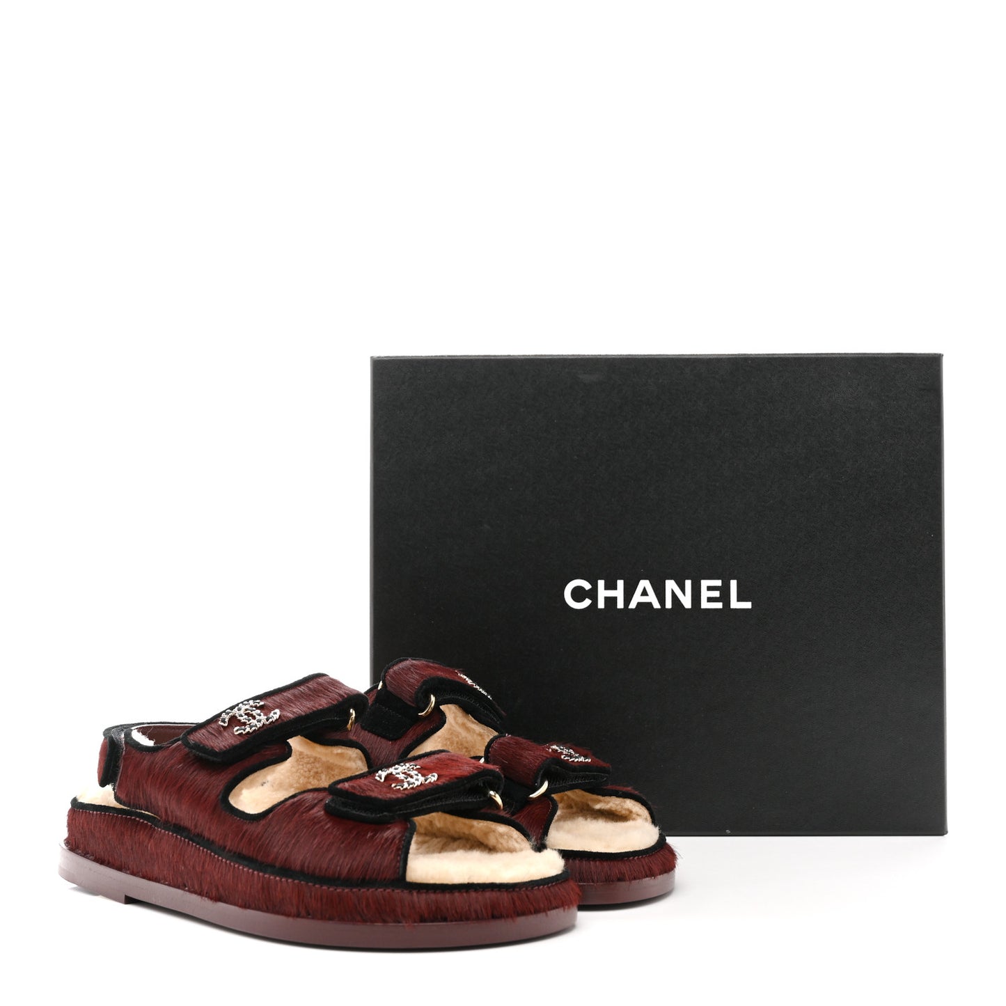 Calf Hair Suede Shearling Dad Sandals 36 Burgundy Black