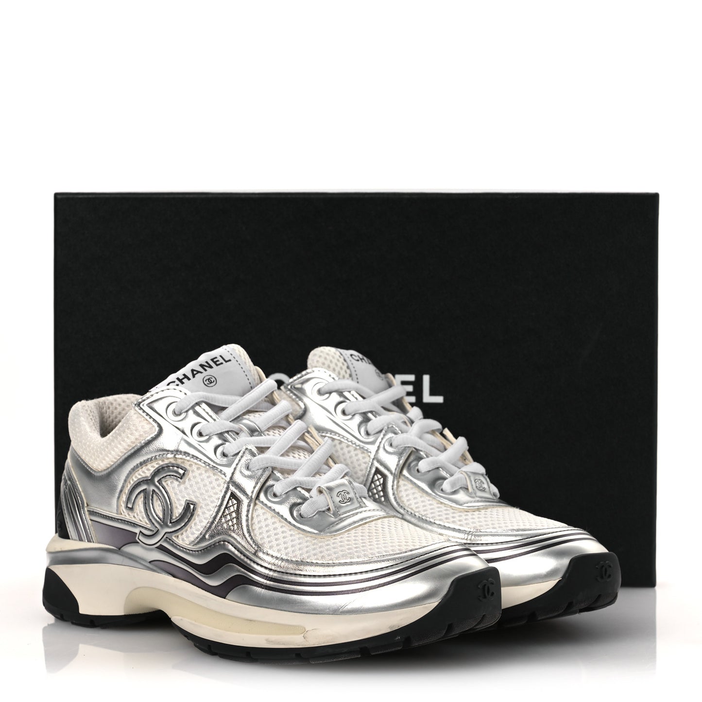 Fabric Laminated Calfskin Stretch CC Sneakers 38 White Silver