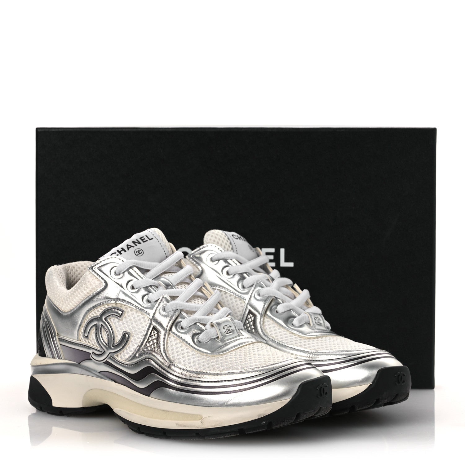 Chanel Fabric Laminated Calfskin Stretch CC Sneakers 38 White Silver 13 of 13