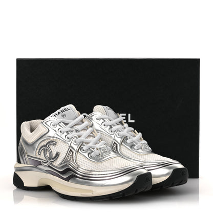 Chanel Fabric Laminated Calfskin Stretch CC Sneakers 38 White Silver 13 of 13