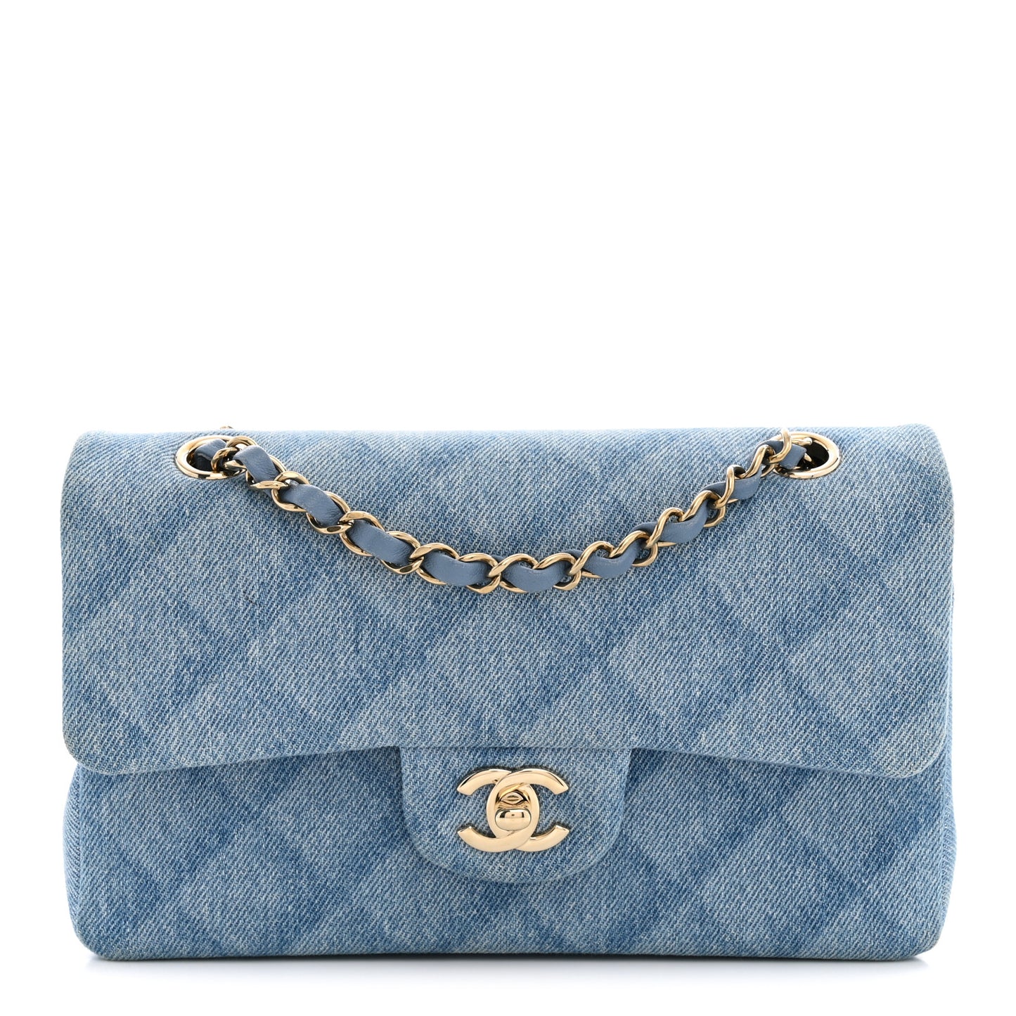 Printed Denim Quilted Small Double Flap Light Blue