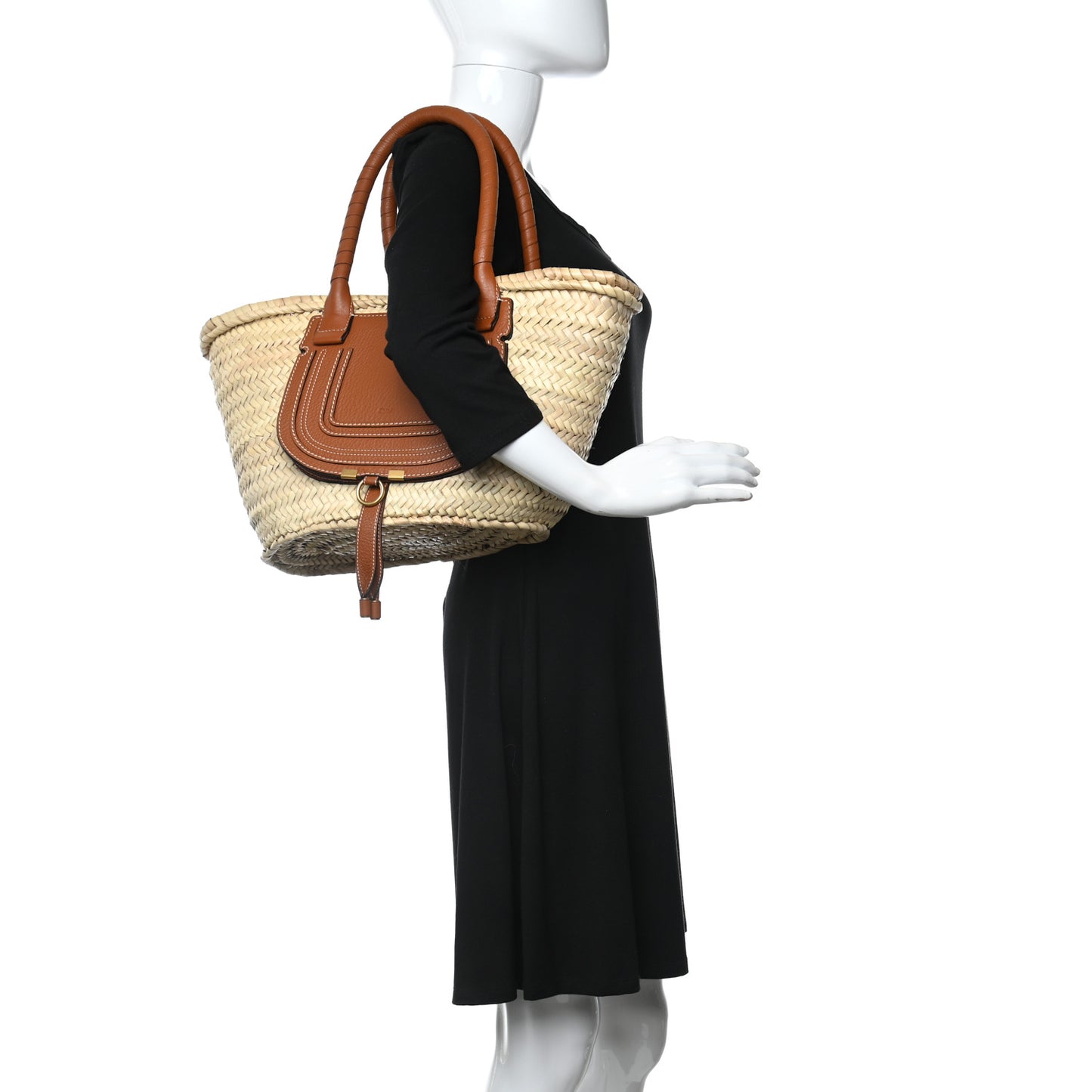 Raffia Small Grain Calfskin Medium Marcie Basket Tan