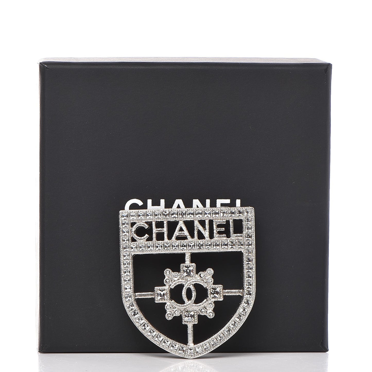 Swarovski Baguette Crystal CC Shield Brooch Silver