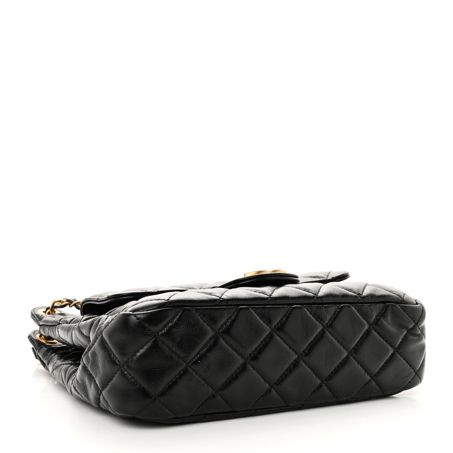 Shiny Crumpled Calfskin Quilted Wavy CC Hobo Black