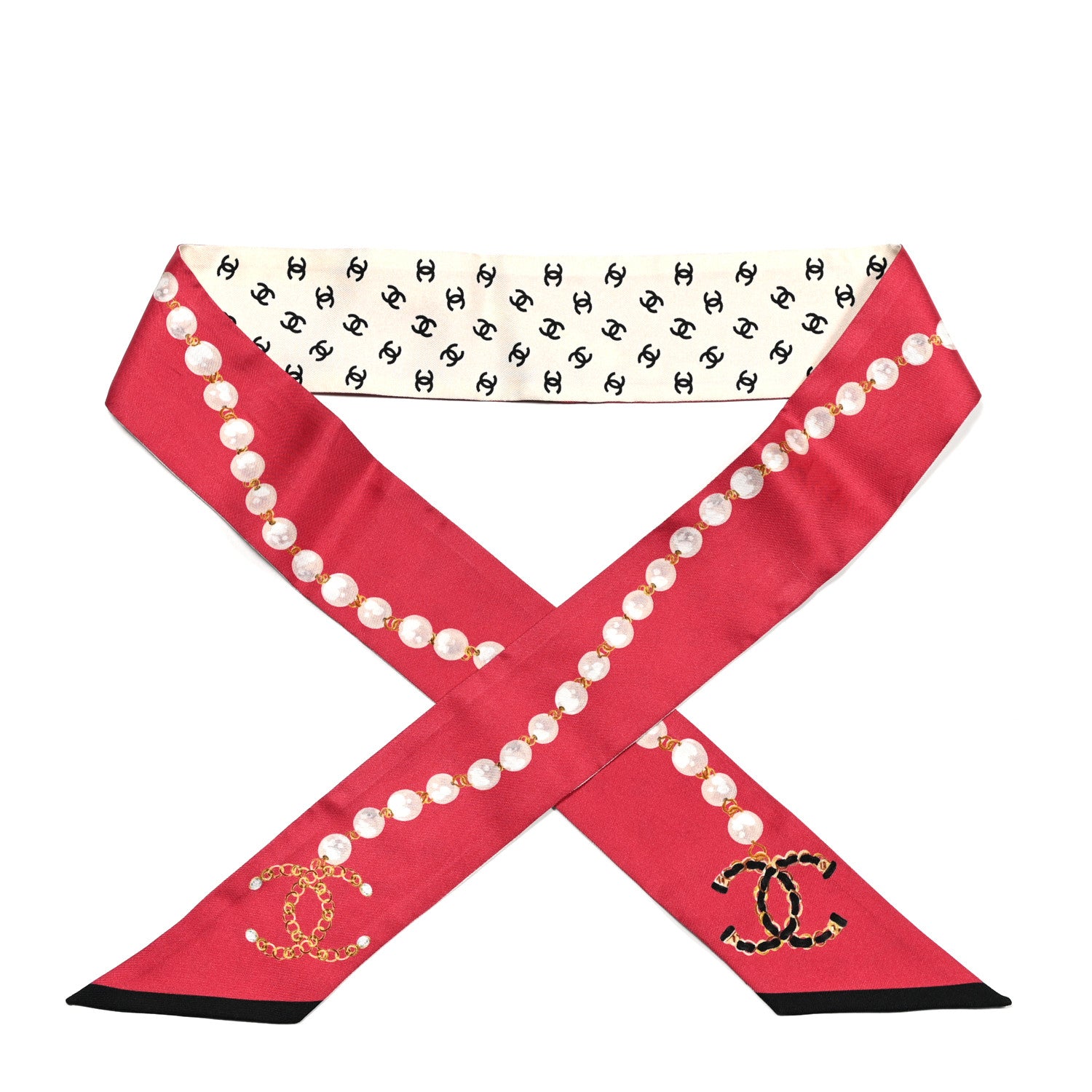 Chanel Silk Pearl CC Chain Slim Bandeau Scarf Red 1 of 3