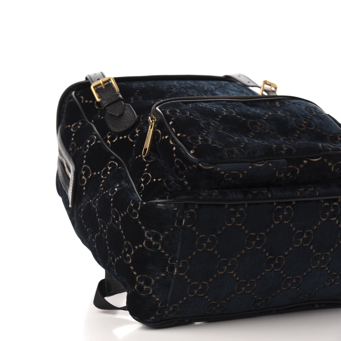 Velvet GG Monogram Textured Calfskin Web Small Double Buckle Backpack Blue Beige Black
