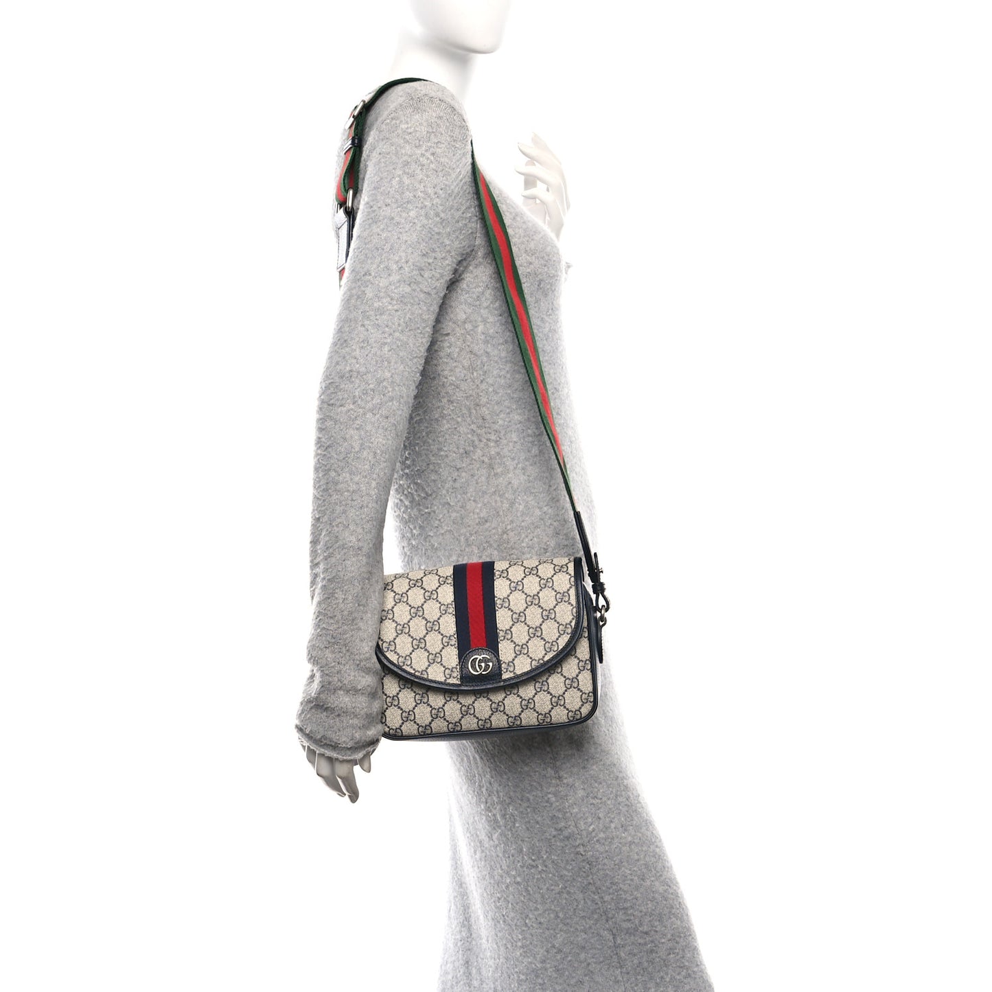 GG Supreme Monogram Textured Dollar Calfskin Web Studded Mini Ophidia Flap Shoulder Bag Beige Blue
