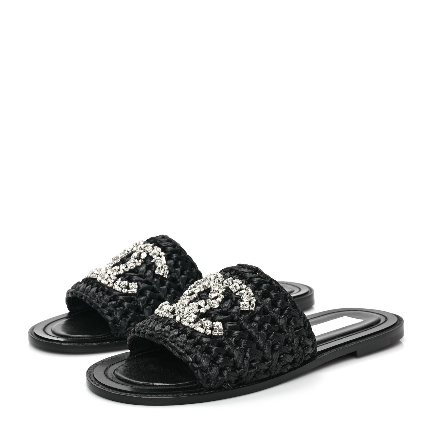 Chanel Raffia Crystal CC Mules Sandals 39 Black 3 of 9