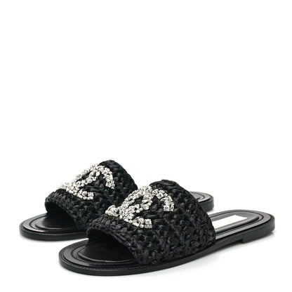 Chanel Raffia Crystal CC Mules Sandals 39 Black 3 of 9