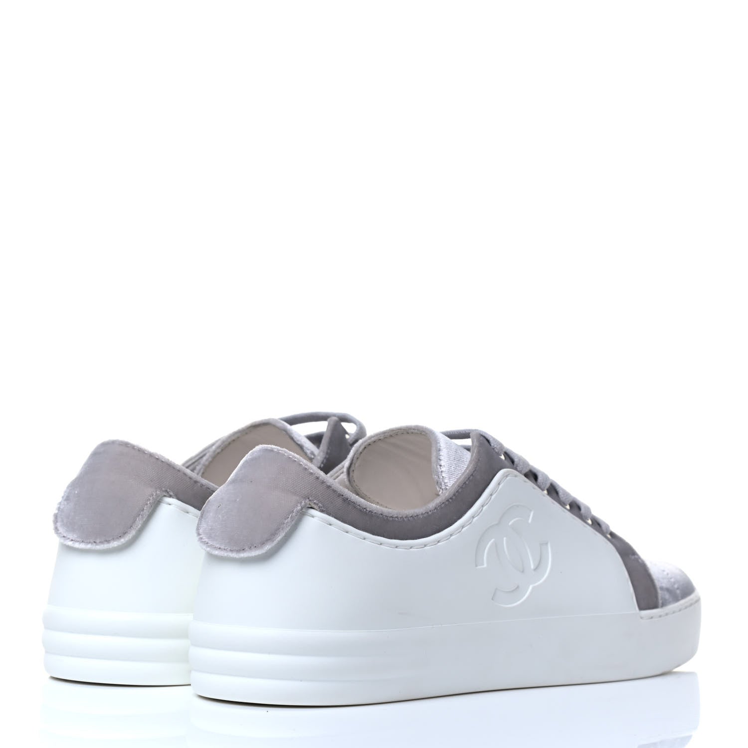 Chanel Calfskin Velvet Womens CC Sneakers 36.5 White Silver 6 of 8