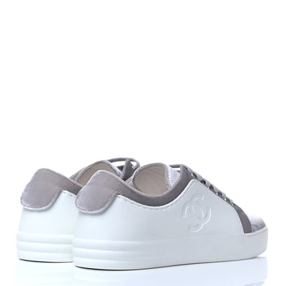 Chanel Calfskin Velvet Womens CC Sneakers 36.5 White Silver 6 of 8