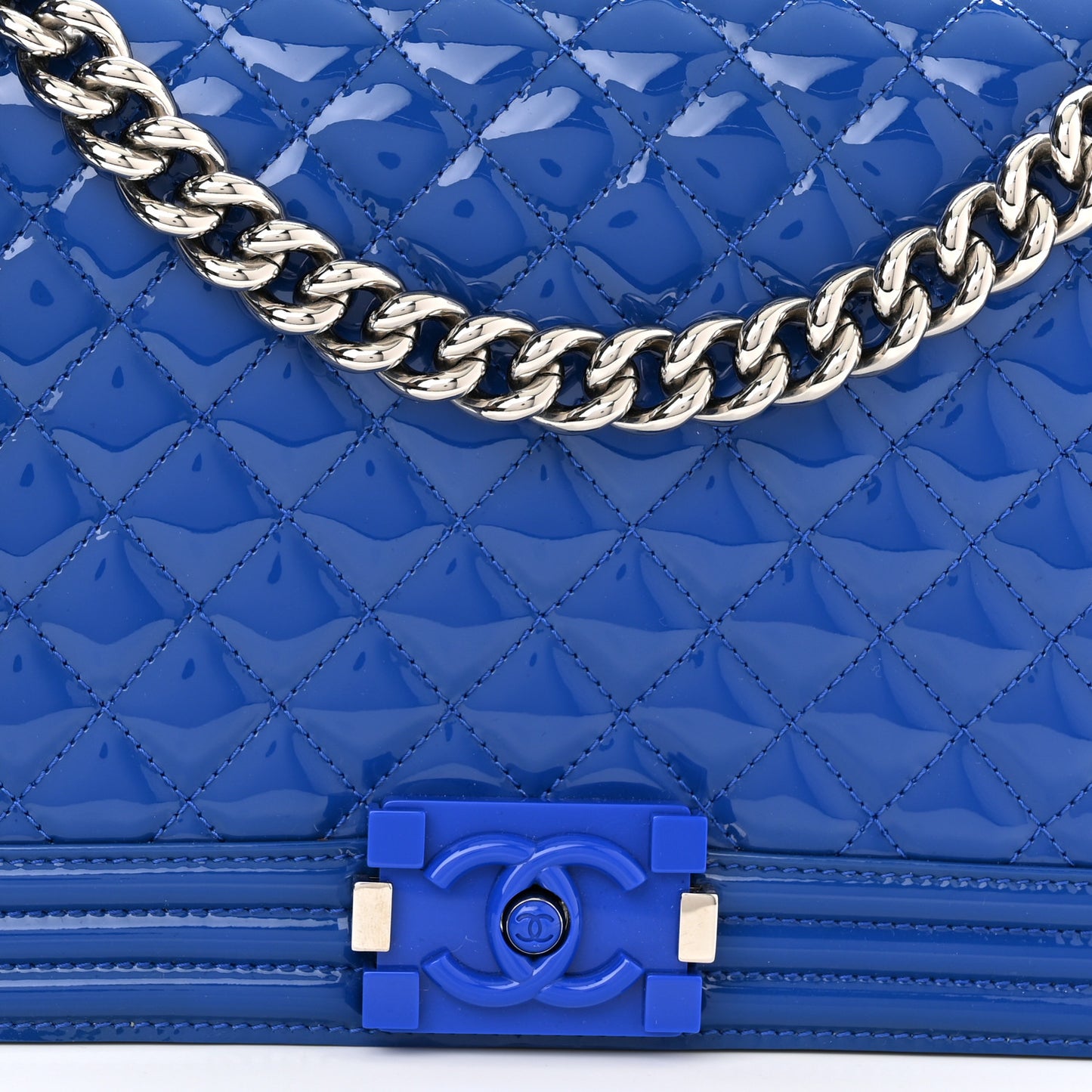 Patent Calfskin Quilted New Medium Plexiglass Boy Flap Blue