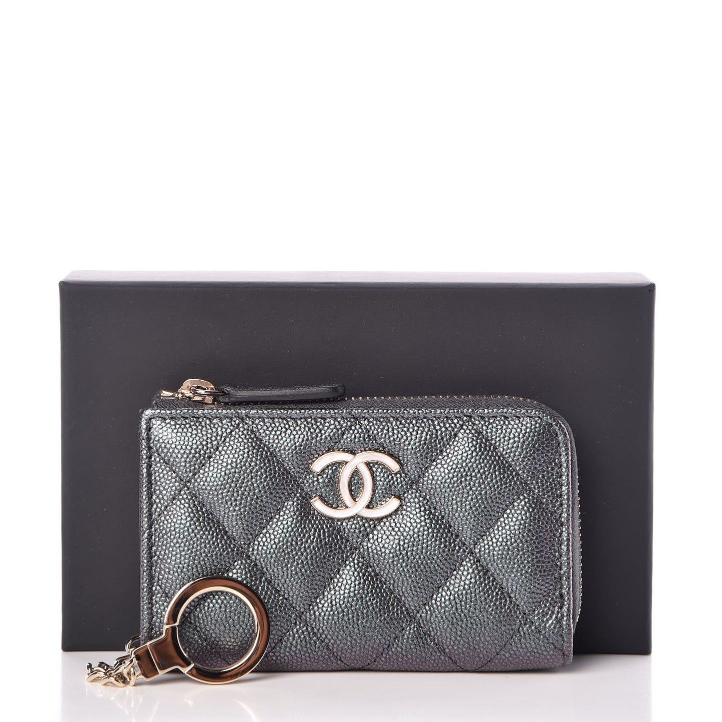 Iridescent Caviar Quilted Zipped Key Holder Case Black
