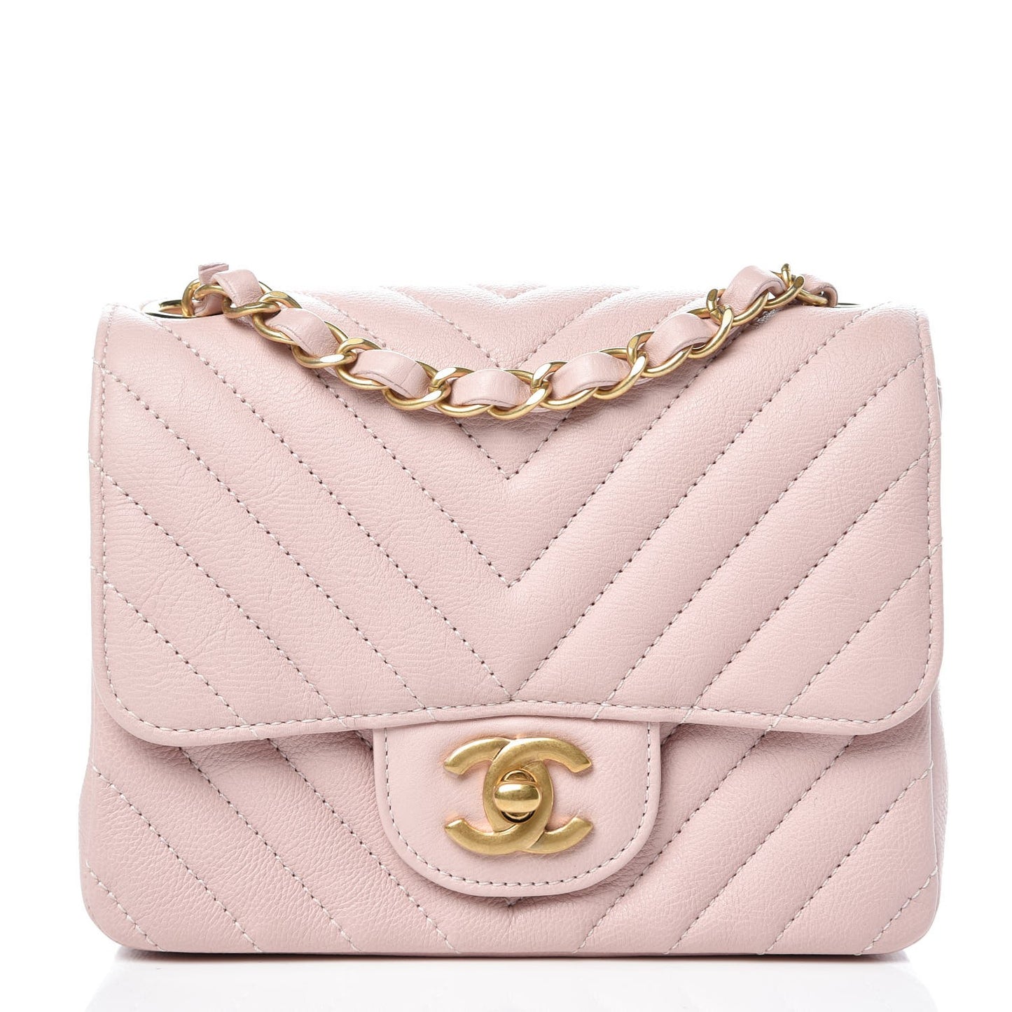 Calfskin Chevron Quilted Mini Square Flap Light Pink