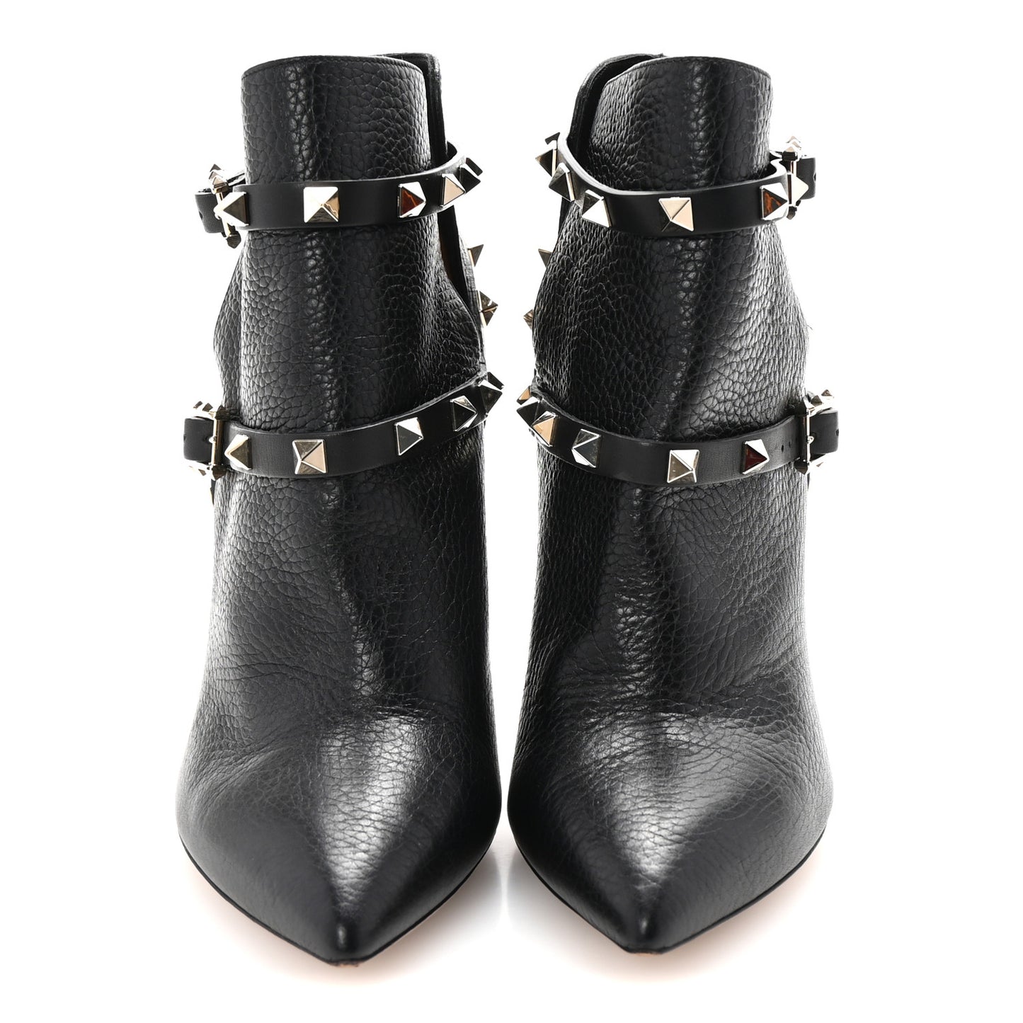 Grained Calfskin Rockstud Double Buckle 100mm Ankle Boots 36.5 Black