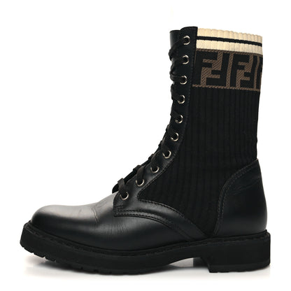 Fendi Calfskin Stretch Fabric Rockoko Biker Boots 37 Tobacco Black Marino 1 of 8
