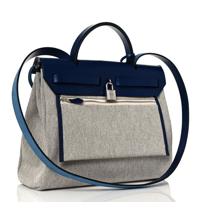 Hermes Vache Hunter Toile H Brides de Gala Herbag Zip Retourne 31 PM Bleu De France Ecru Black 4 of 13