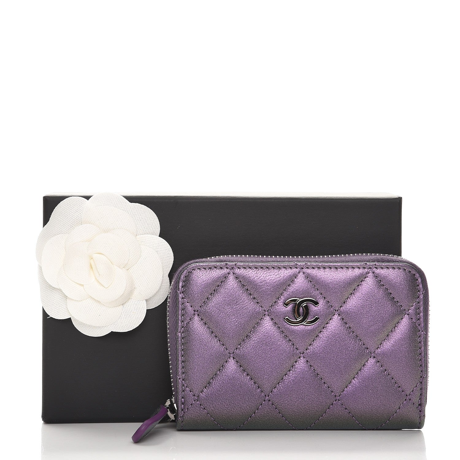 Chanel Metallic Lambskin Quilted Zip Around Coin Purse Wallet Purple 8 of 8