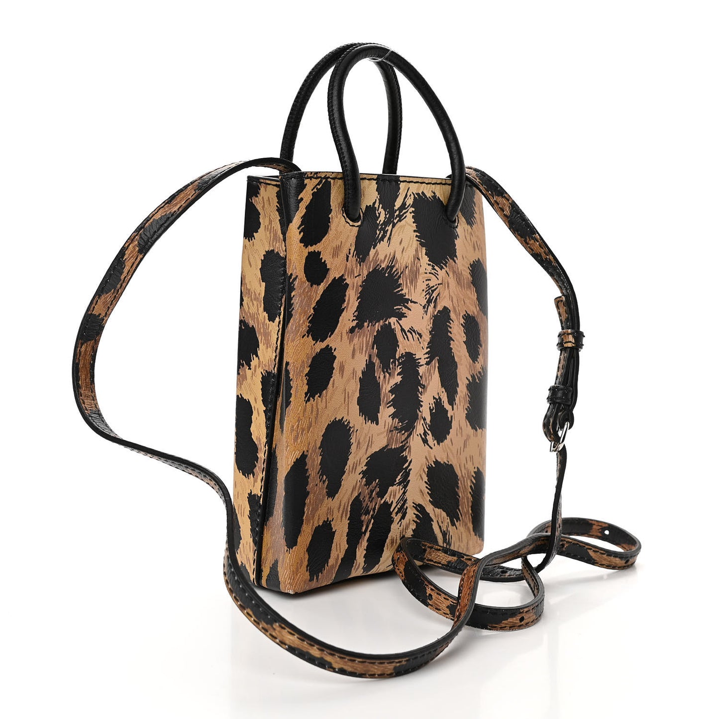 Smooth Calfskin Leopard Print Logo Shopping Phone Holder Bag Beige Black