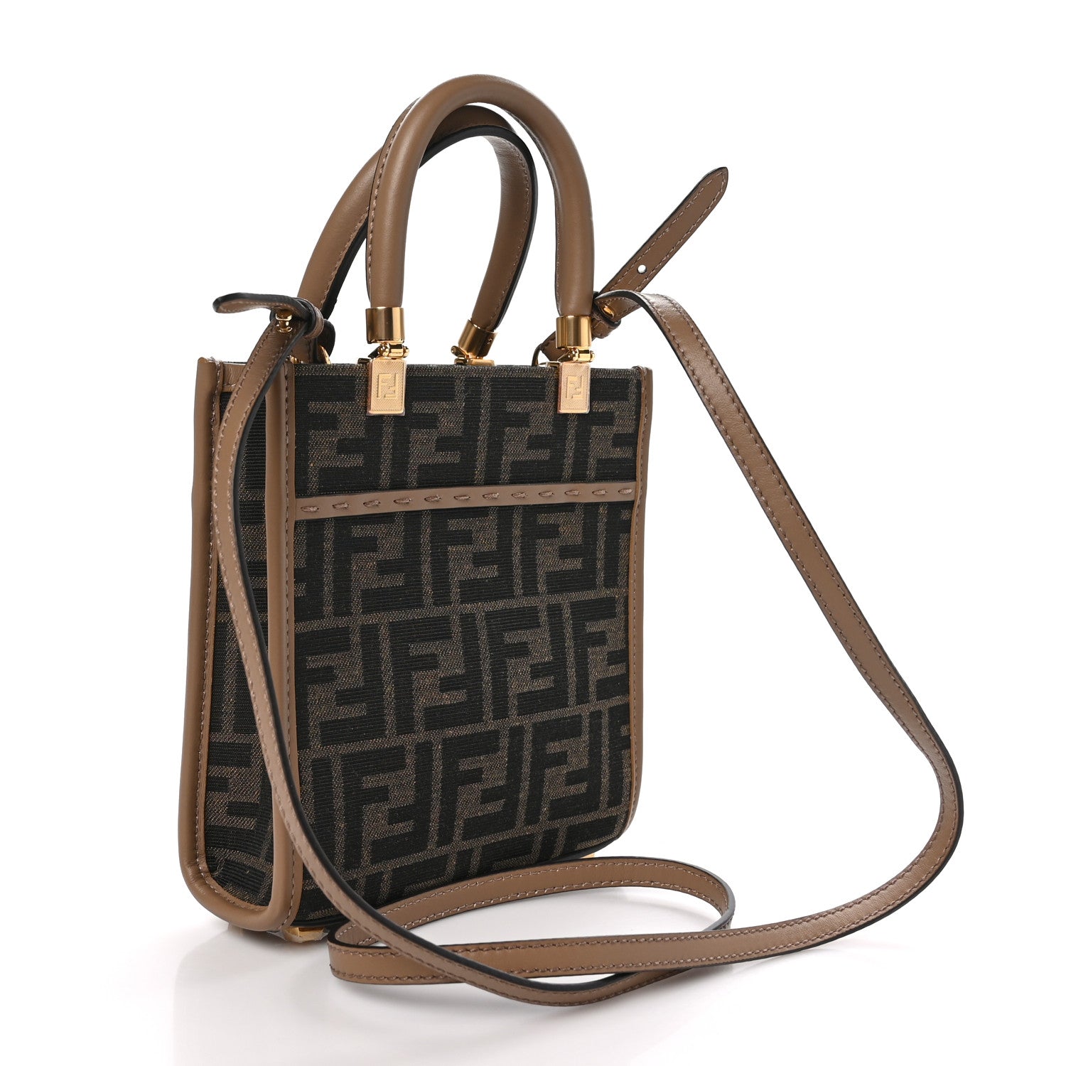 Fendi Fabric Jacquard Vitello Grace FF 1974 Logo Mini Sunshine Shopper Tobacco Moro Sand 2 of 10